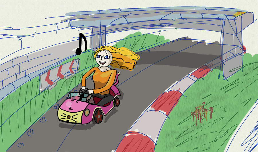 A girl happily drives an open-top pink kart that is hilariously small along a track, and you're watching her from the front as she drives past. Her body sticks out far above the top of the kart, and her knees are pointed outwards over the edge of the kart so that her feet can fit inside. The kart is pink with yellow whiskers on the front and a tail. The girl is wearing grey leggings, an orange top, and has her yellow-orange hair streaming out behind her from the speed. The girl and the kart are drawn with bold thick lines and a flat colouring style. They are on a racetrack surrounded by grass and a red-white kerb, and have just driven under a tunnel. The racetrack has a subtle heart design on the edge. The racetrack is the background of the picture, and is drawn with a sketch art style and is filled with more muted colours.