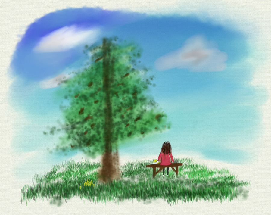 A tree on grass beneath the blue sky. A small person with hair going below her shoulders is sitting on a bench next to the tree, looking into the distance. A small patch of yellow flowers grows under the tree, and she's holding a few of them in her left hand. Most of the picture is drawn with an undetailed, spotty, slightly abstract brush.