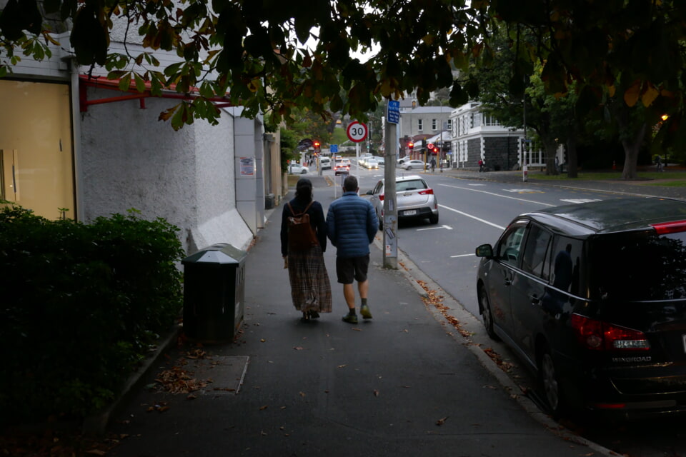 Couple walking along the pavement facing away from the camera. It's dusk, and the edges of the photo are shrouded in shadow from objects to the side and leaves overhead, while the centre is open and light.